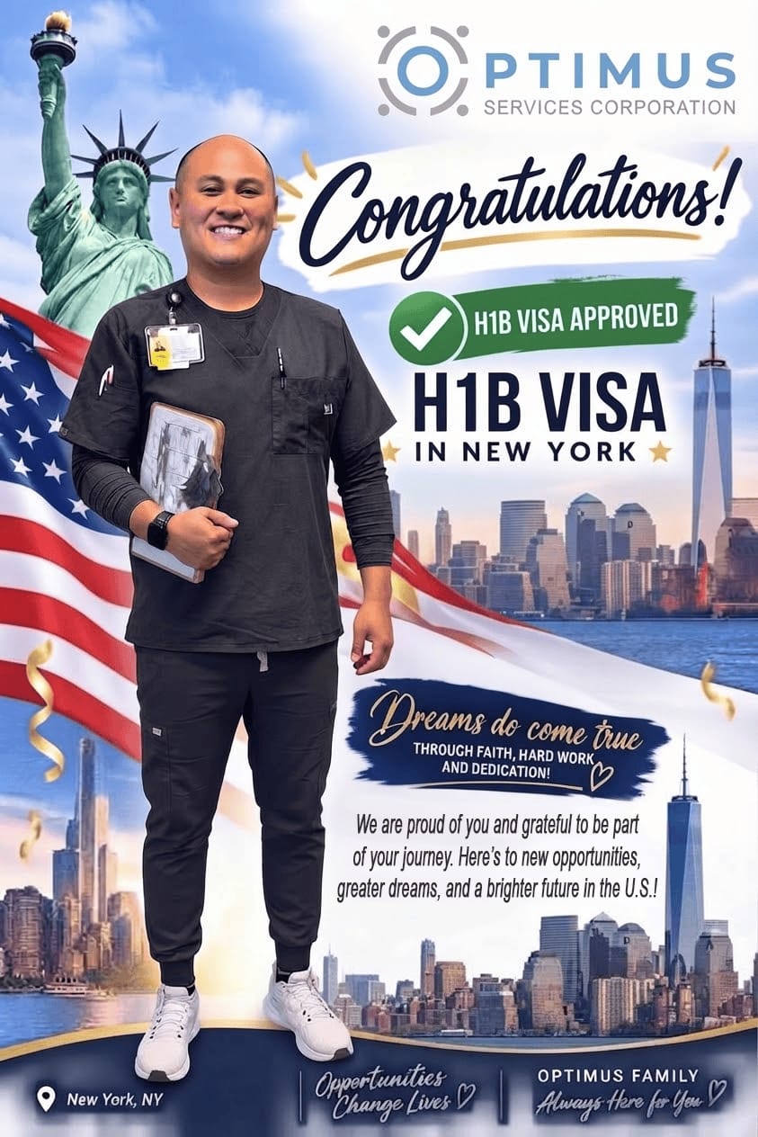 Optimus promotional material celebrating an H-1B visa approval in New York
